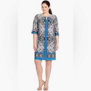 Women's Three-Quarter-Sleeve Knit Dress; Blue/Gray/Black/Ivory; 24 Plus